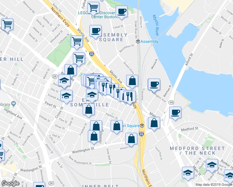 map of restaurants, bars, coffee shops, grocery stores, and more near 59 Broadway in Somerville