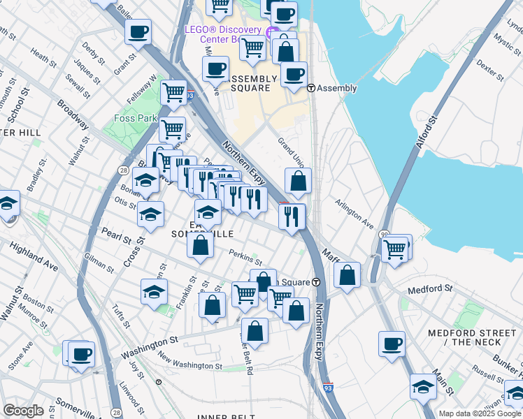 map of restaurants, bars, coffee shops, grocery stores, and more near 59 Broadway in Somerville
