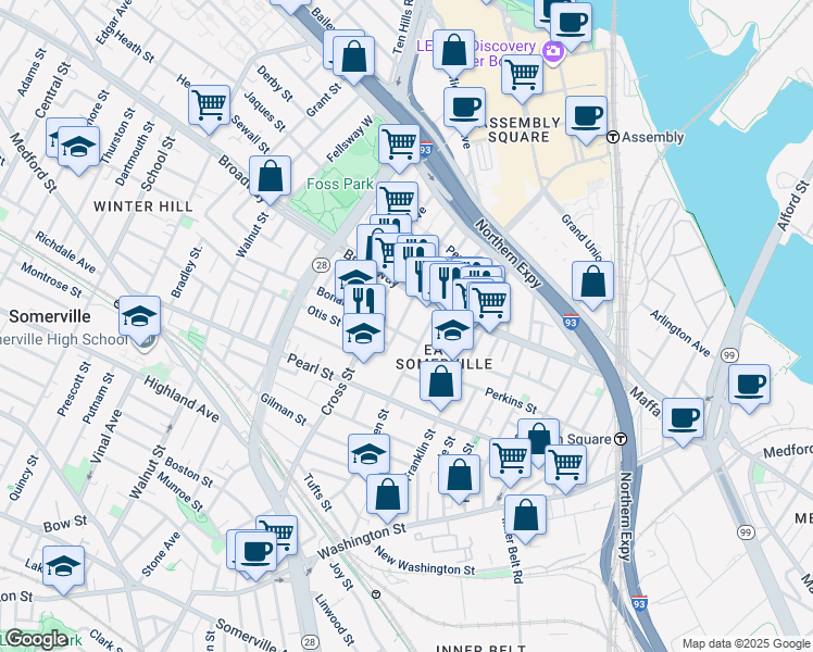map of restaurants, bars, coffee shops, grocery stores, and more near 27 Glen Street in Somerville