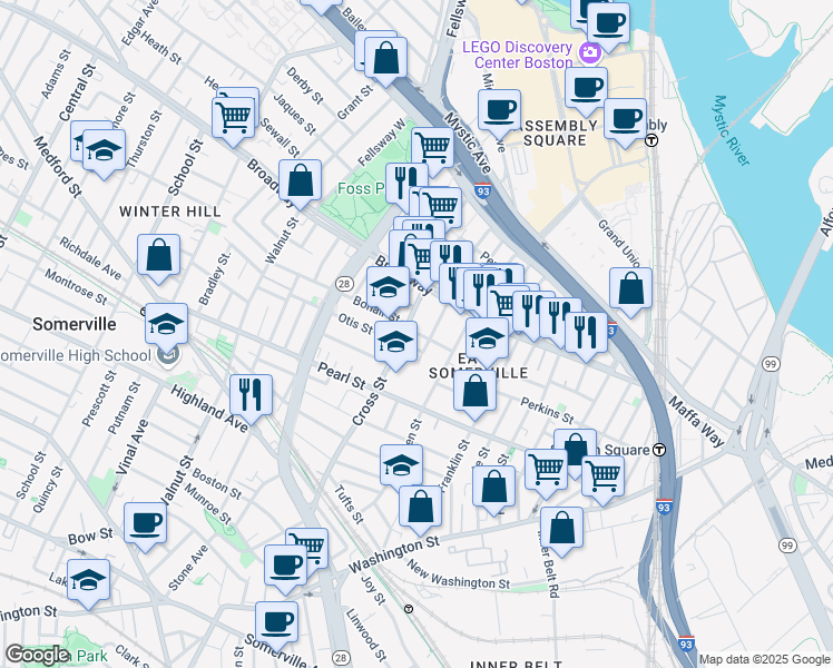 map of restaurants, bars, coffee shops, grocery stores, and more near 7 Ellsworth Street in Somerville