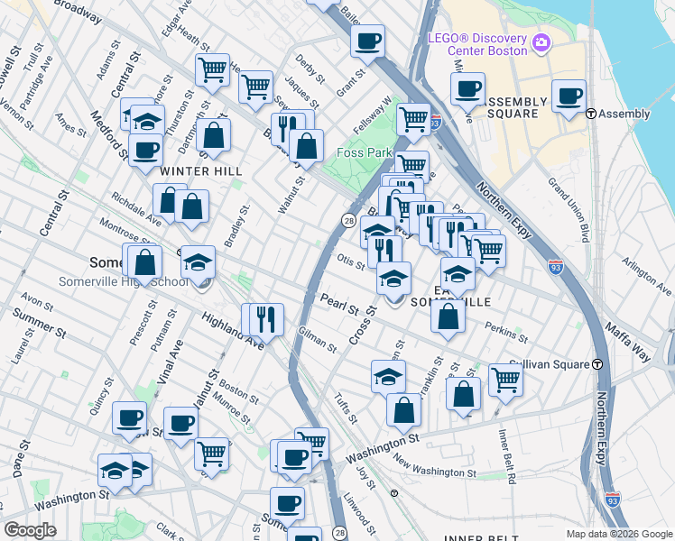 map of restaurants, bars, coffee shops, grocery stores, and more near 34 Everett Avenue in Somerville
