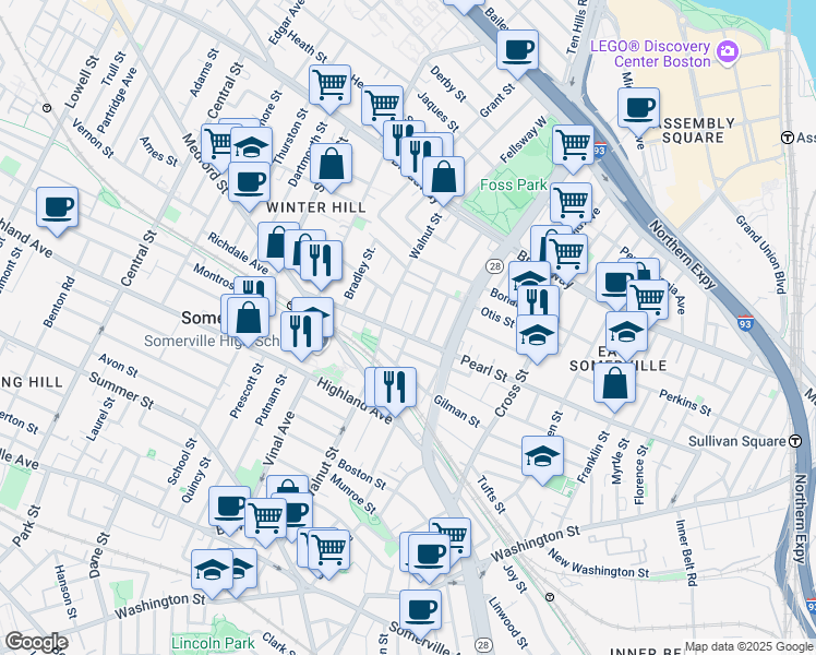 map of restaurants, bars, coffee shops, grocery stores, and more near 202 Pearl Street in Somerville