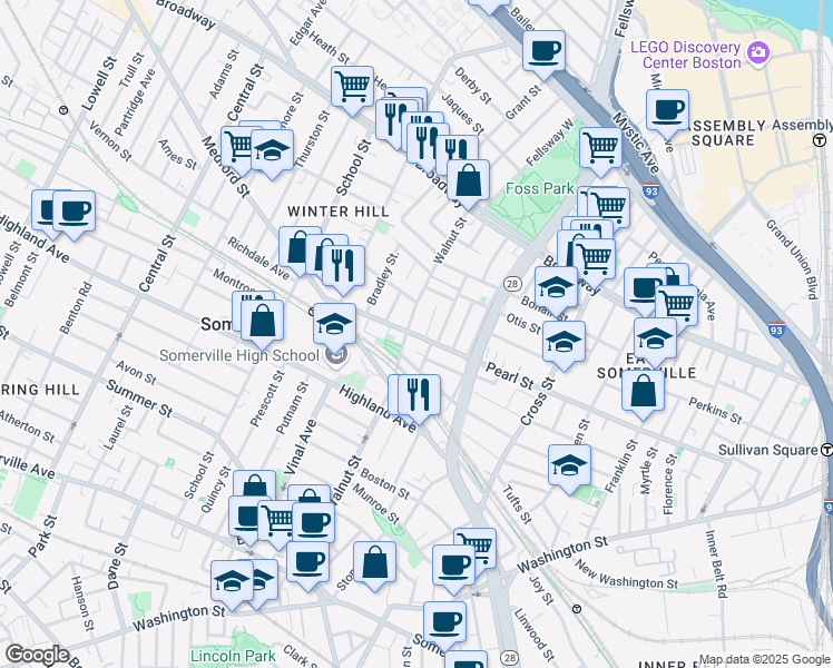 map of restaurants, bars, coffee shops, grocery stores, and more near 202 Pearl Street in Somerville