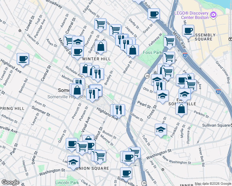 map of restaurants, bars, coffee shops, grocery stores, and more near 202 Pearl Street in Somerville