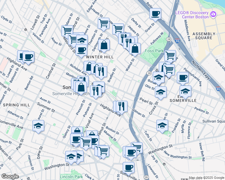 map of restaurants, bars, coffee shops, grocery stores, and more near 106 Walnut Street in Somerville