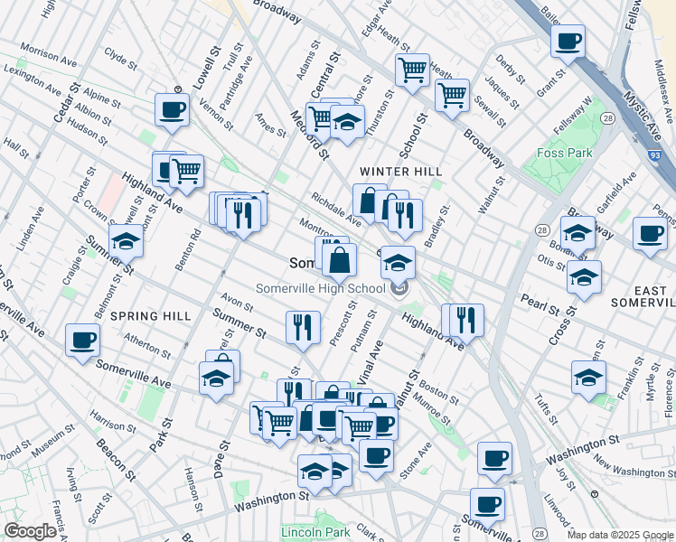 map of restaurants, bars, coffee shops, grocery stores, and more near 93 Highland Avenue in Somerville
