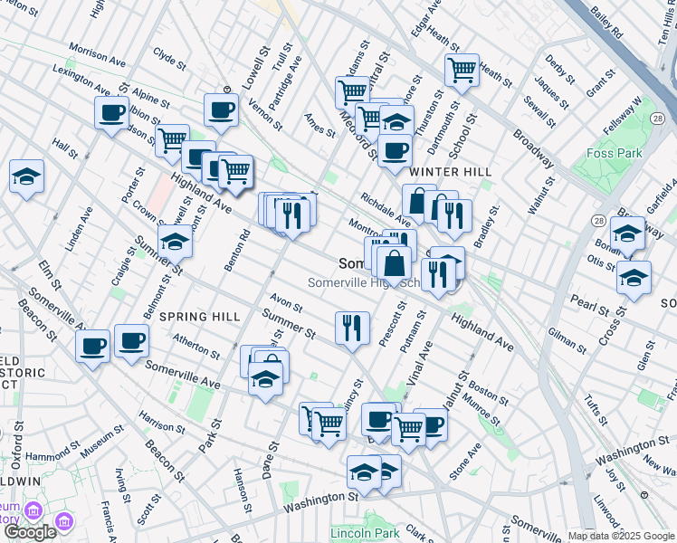 map of restaurants, bars, coffee shops, grocery stores, and more near in Somerville