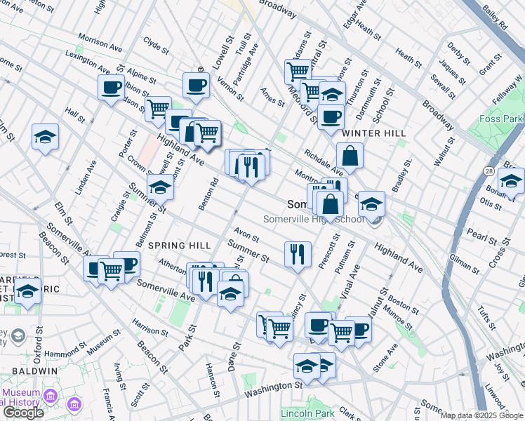 map of restaurants, bars, coffee shops, grocery stores, and more near 63 Berkeley Street in Somerville