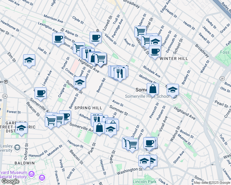 map of restaurants, bars, coffee shops, grocery stores, and more near in Somerville