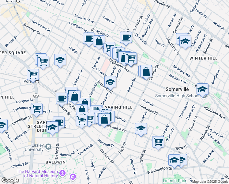 map of restaurants, bars, coffee shops, grocery stores, and more near 194 Summer Street in Somerville