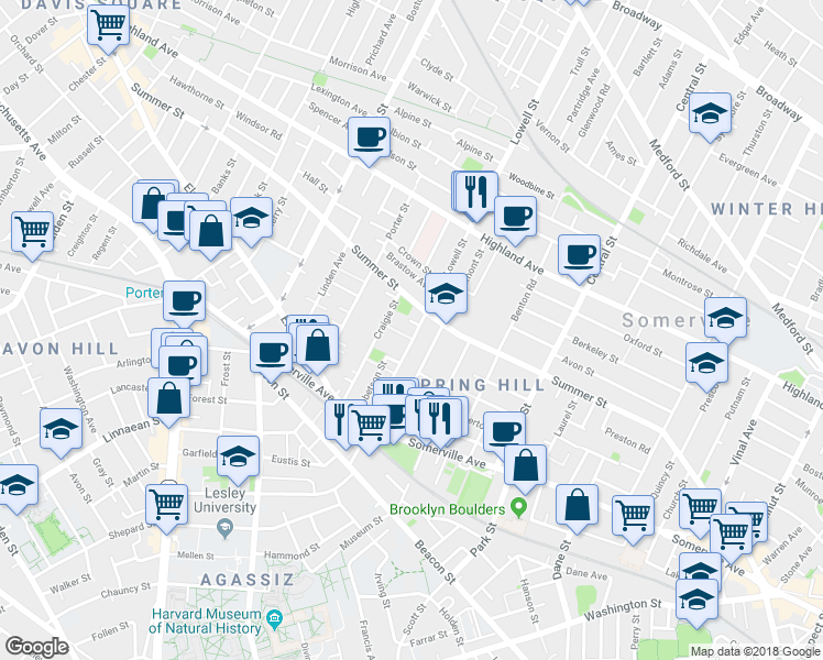 map of restaurants, bars, coffee shops, grocery stores, and more near 74 Lowell Street in Somerville