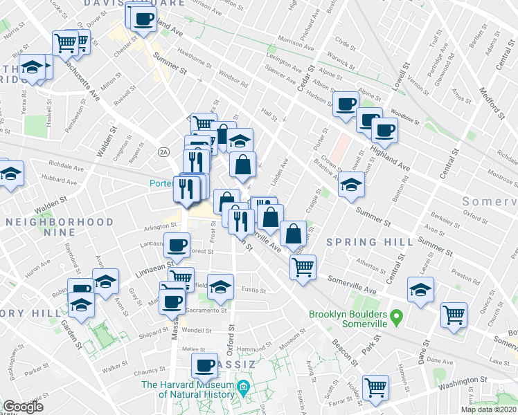 map of restaurants, bars, coffee shops, grocery stores, and more near 36 Elm Street in Somerville