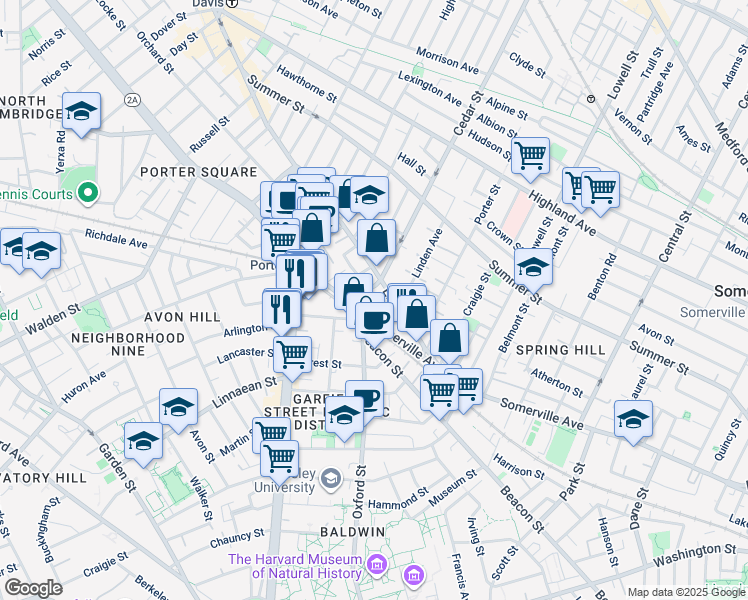 map of restaurants, bars, coffee shops, grocery stores, and more near 36 Elm Street in Somerville