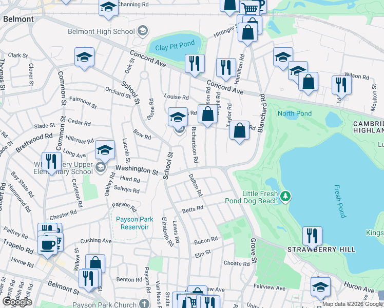 map of restaurants, bars, coffee shops, grocery stores, and more near 23 Richardson Road in Belmont