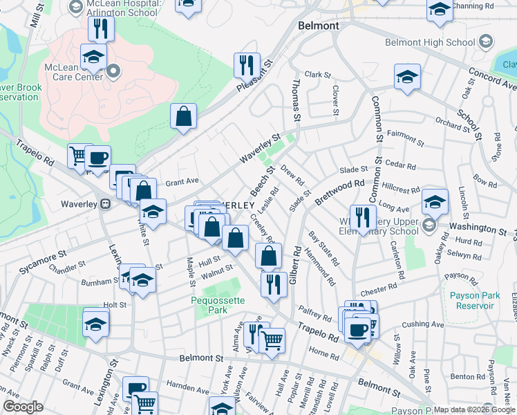 map of restaurants, bars, coffee shops, grocery stores, and more near 46-48 Wiley Road in Belmont