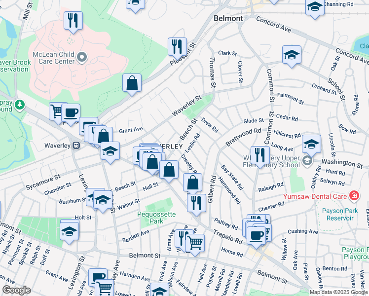 map of restaurants, bars, coffee shops, grocery stores, and more near 46-48 Wiley Road in Belmont