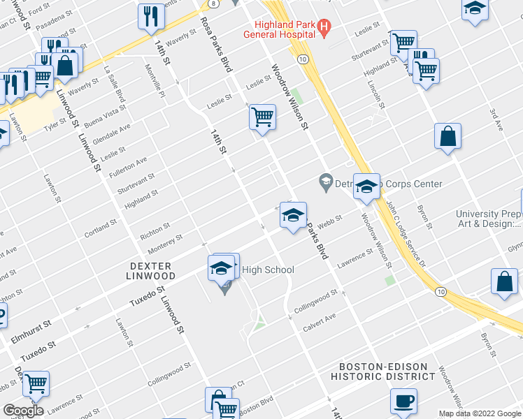 map of restaurants, bars, coffee shops, grocery stores, and more near 2005 Elmhurst Street in Detroit