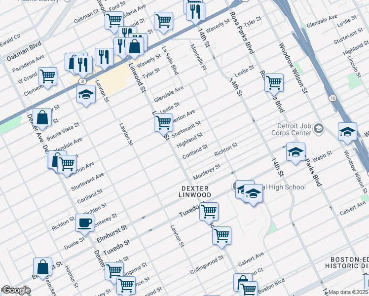 map of restaurants, bars, coffee shops, grocery stores, and more near 2520 Cortland Street in Detroit