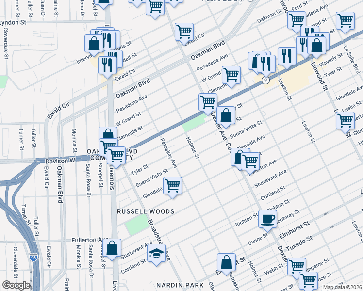 map of restaurants, bars, coffee shops, grocery stores, and more near 4031 Tyler Street in Detroit