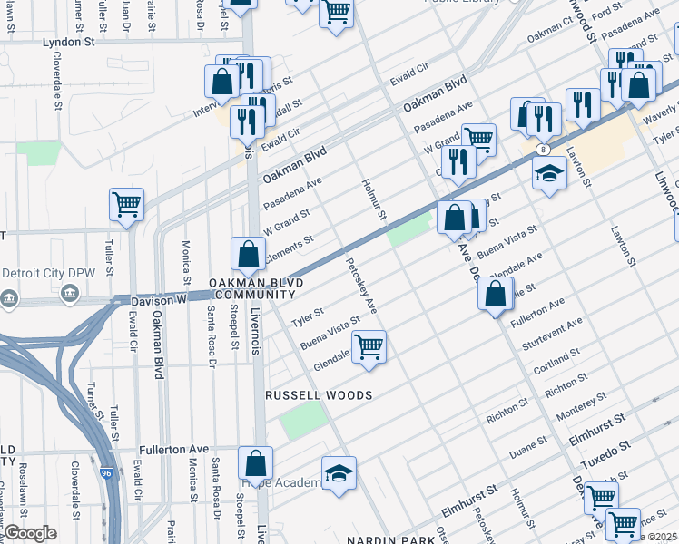 map of restaurants, bars, coffee shops, grocery stores, and more near 4260 Waverly Avenue in Detroit
