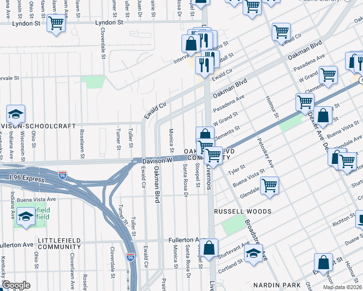 map of restaurants, bars, coffee shops, grocery stores, and more near in Detroit
