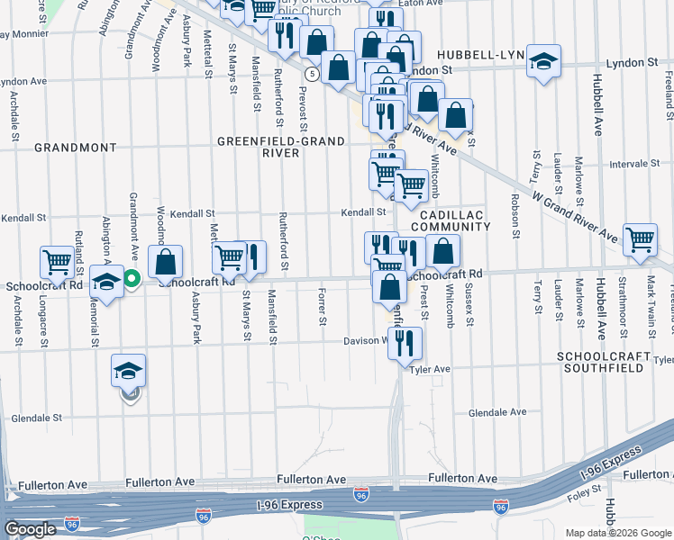 map of restaurants, bars, coffee shops, grocery stores, and more near 13903 Montrose Street in Detroit