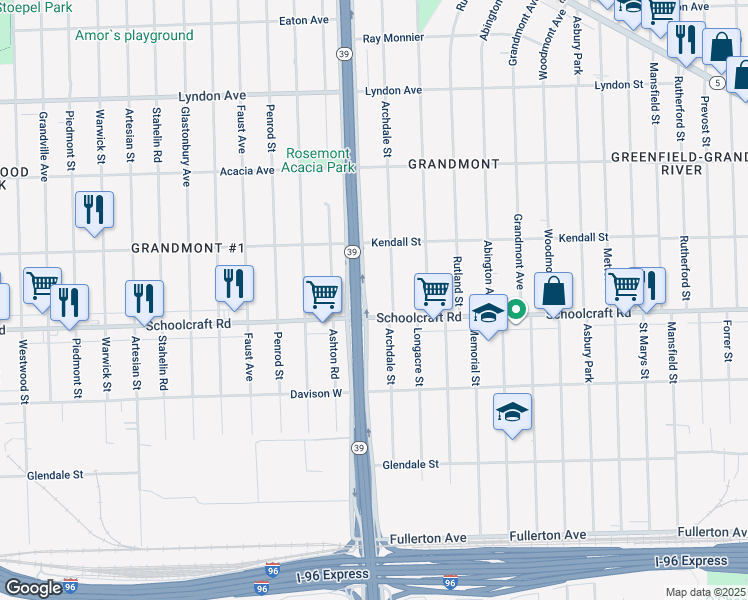 map of restaurants, bars, coffee shops, grocery stores, and more near 13910 Southfield Road in Detroit