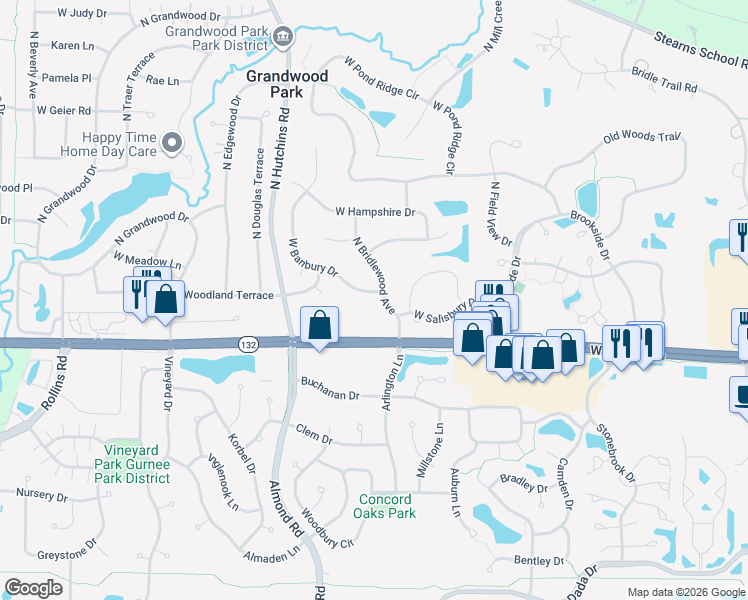 map of restaurants, bars, coffee shops, grocery stores, and more near 18019 West Banbury Drive in Gurnee