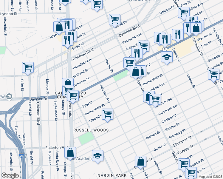 map of restaurants, bars, coffee shops, grocery stores, and more near 4031 Tyler Street in Detroit
