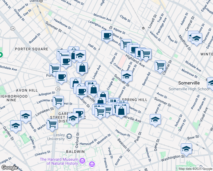 map of restaurants, bars, coffee shops, grocery stores, and more near 42 Craigie Street in Somerville