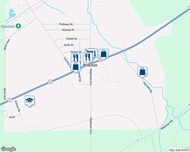 map of restaurants, bars, coffee shops, grocery stores, and more near 18-24 Highland Avenue in Brocton