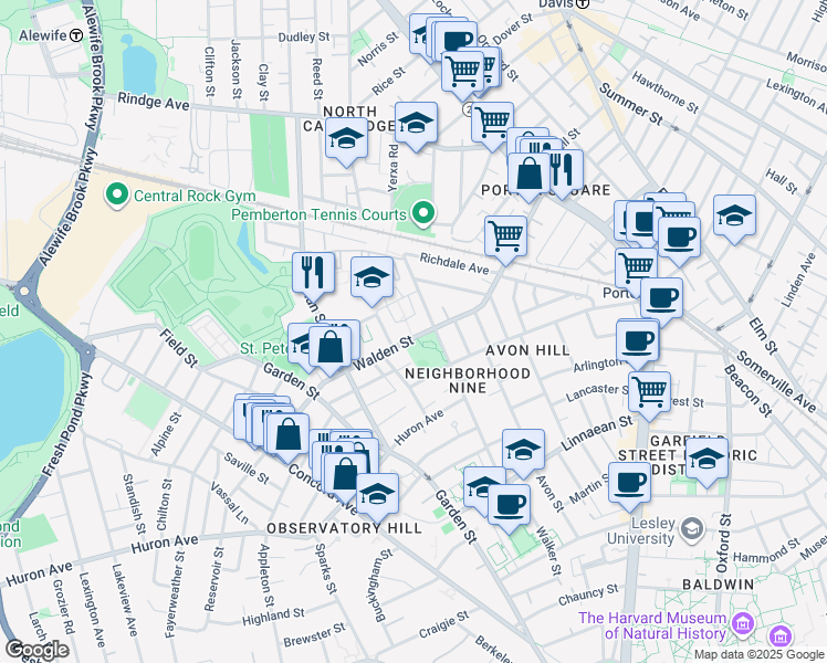 map of restaurants, bars, coffee shops, grocery stores, and more near 2 Lincoln Way in Cambridge