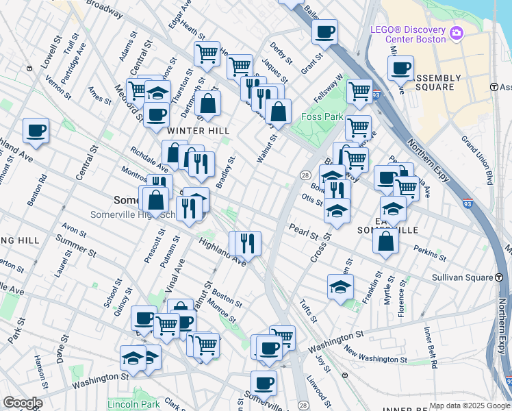 map of restaurants, bars, coffee shops, grocery stores, and more near 202 Pearl Street in Somerville