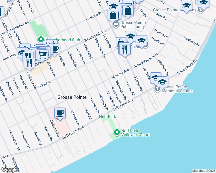 map of restaurants, bars, coffee shops, grocery stores, and more near 360 Rivard Boulevard in Grosse Pointe