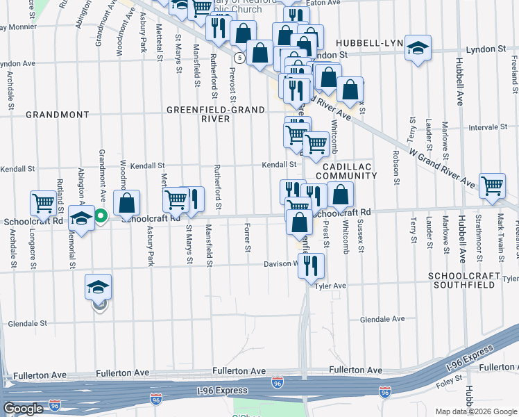 map of restaurants, bars, coffee shops, grocery stores, and more near 13903 Montrose Street in Detroit