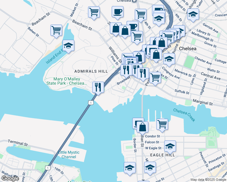 map of restaurants, bars, coffee shops, grocery stores, and more near 12 Medford Street in Chelsea