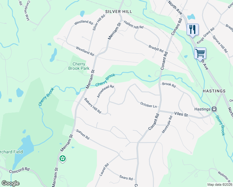 map of restaurants, bars, coffee shops, grocery stores, and more near 56 Arrowhead Road in Weston