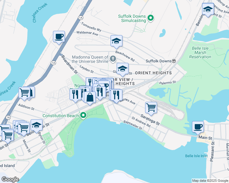 map of restaurants, bars, coffee shops, grocery stores, and more near 1030 Bennington Street in Boston
