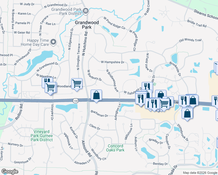 map of restaurants, bars, coffee shops, grocery stores, and more near 18019 West Banbury Drive in Gurnee