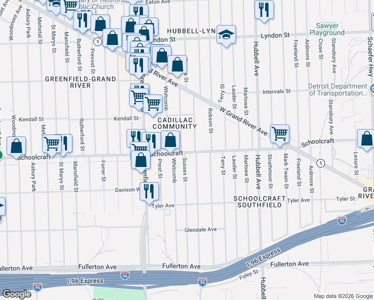 map of restaurants, bars, coffee shops, grocery stores, and more near 13900 Sussex Street in Detroit