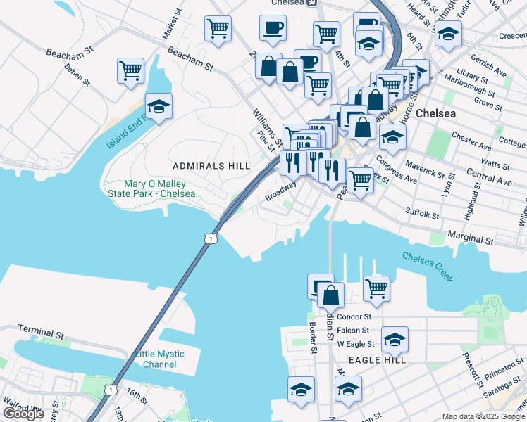 map of restaurants, bars, coffee shops, grocery stores, and more near 12 Medford Street in Chelsea