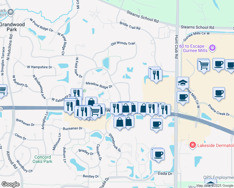 map of restaurants, bars, coffee shops, grocery stores, and more near 17318 West Westwind Drive in Gurnee