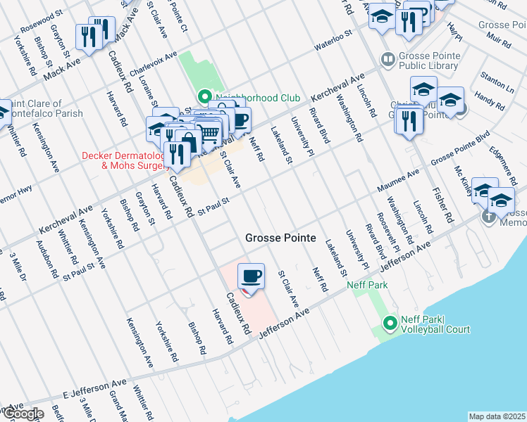 map of restaurants, bars, coffee shops, grocery stores, and more near 17107 Maumee Avenue in Grosse Pointe