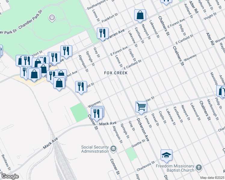 map of restaurants, bars, coffee shops, grocery stores, and more near 4305 Gray Street in Detroit