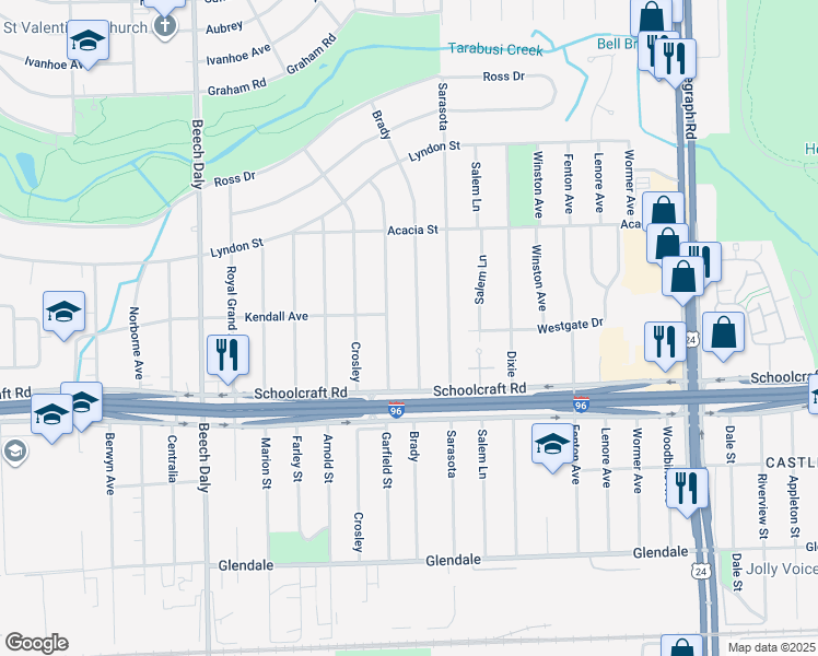 map of restaurants, bars, coffee shops, grocery stores, and more near 13997 Brady in Redford Charter Township
