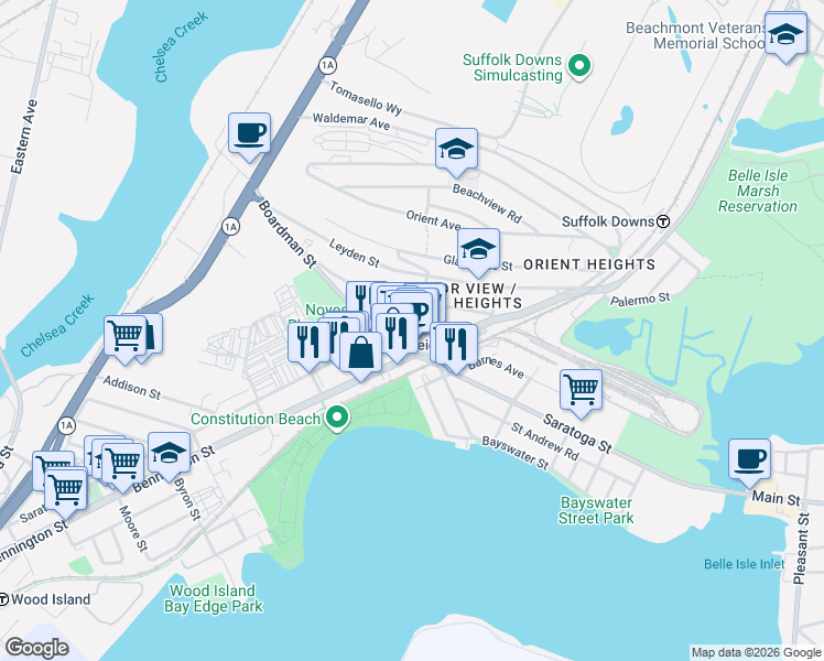 map of restaurants, bars, coffee shops, grocery stores, and more near 984 Saratoga Street in Boston