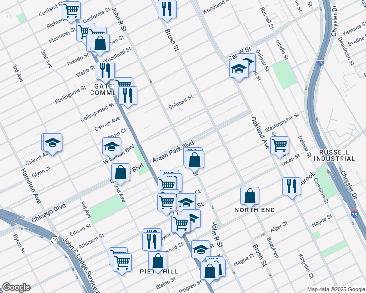 map of restaurants, bars, coffee shops, grocery stores, and more near John R Street in Detroit