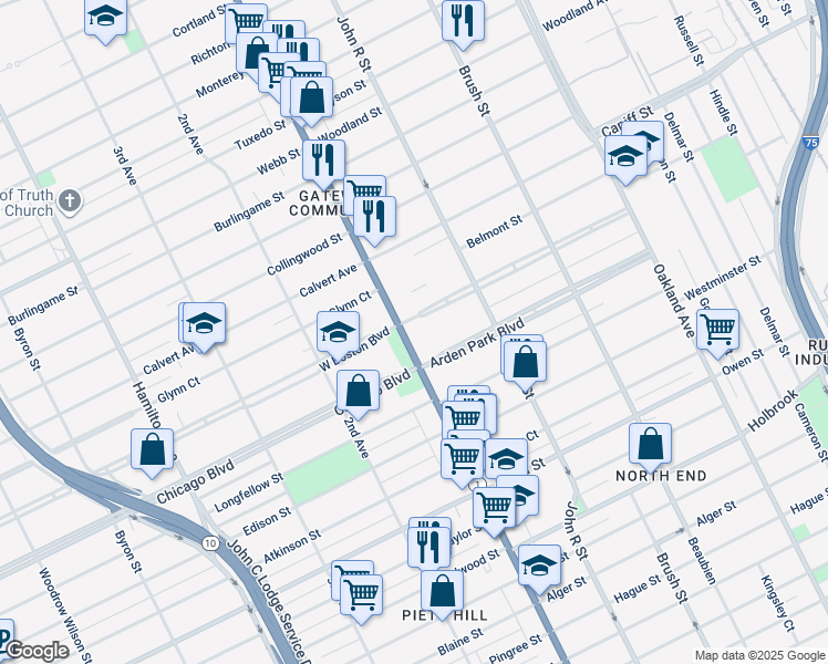 map of restaurants, bars, coffee shops, grocery stores, and more near in Detroit
