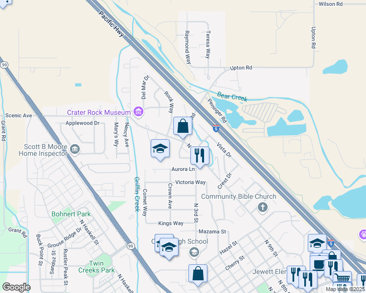 map of restaurants, bars, coffee shops, grocery stores, and more near 1825 Scenic Avenue in Central Point