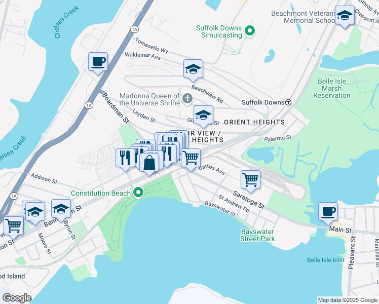 map of restaurants, bars, coffee shops, grocery stores, and more near 1020 Bennington Street in Boston